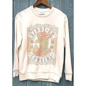 Lotus Fashion Beige Cowgirl/Boots/Hat Graphic Crewneck Sweatshirt Women’s Size S